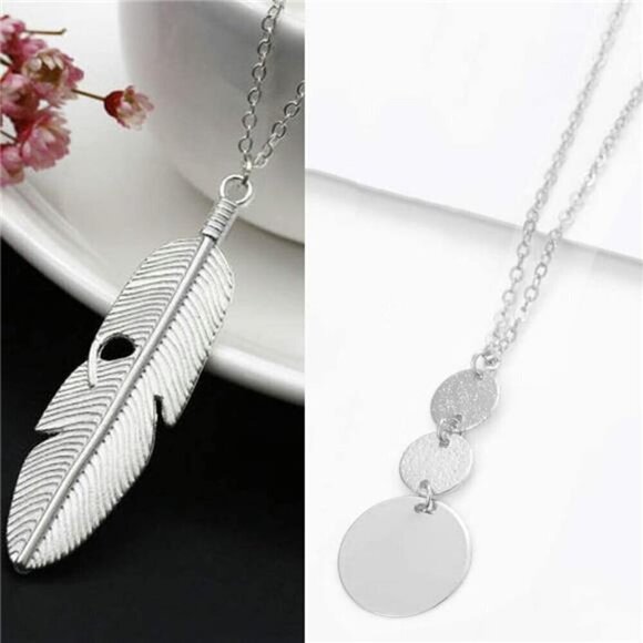 4 Long Necklaces for Women  Fashion Pendant Necklace Jewelry, Silver Bar Feather - Picture 3 of 8